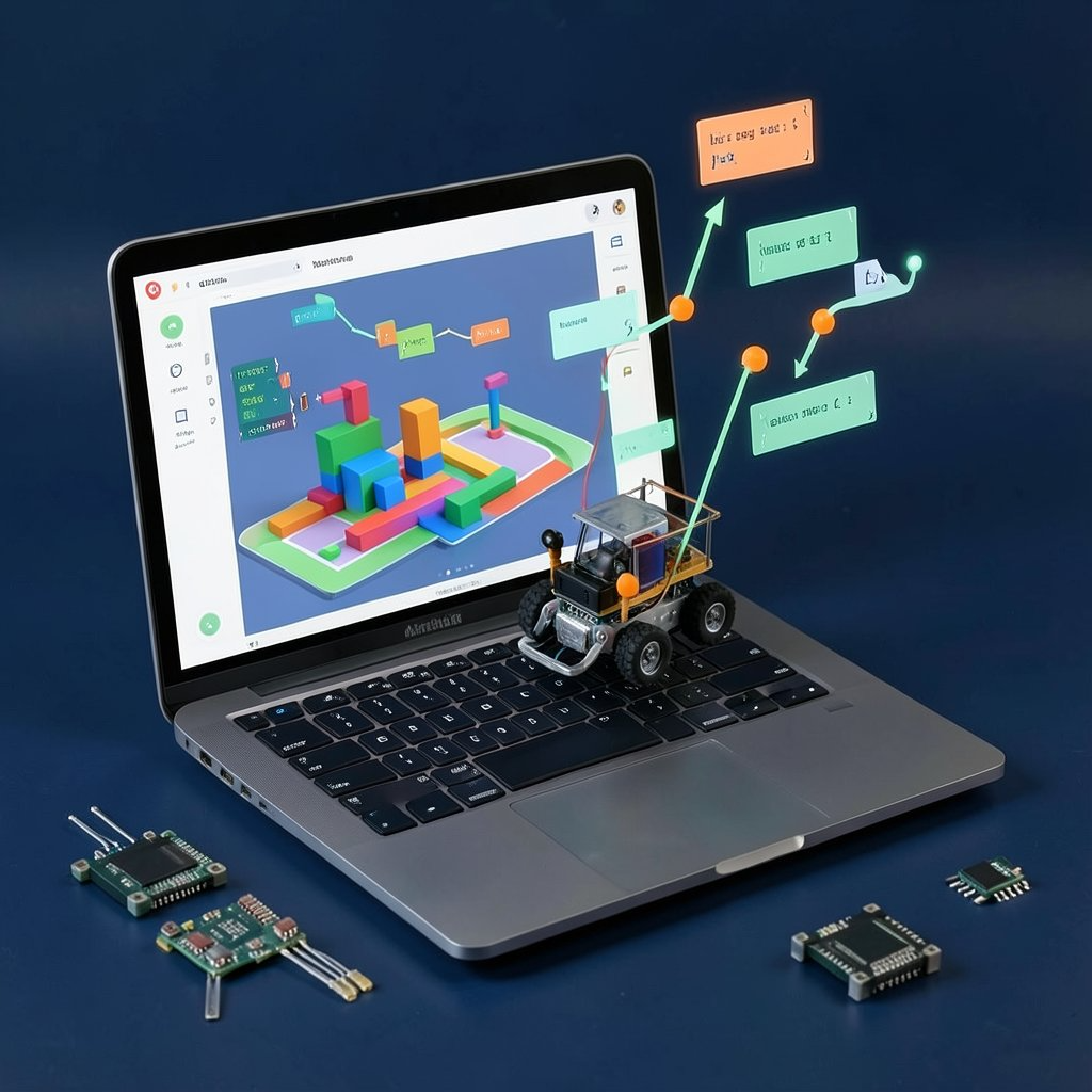 Coding workstation laptop displaying Python robotics algorithms and logic